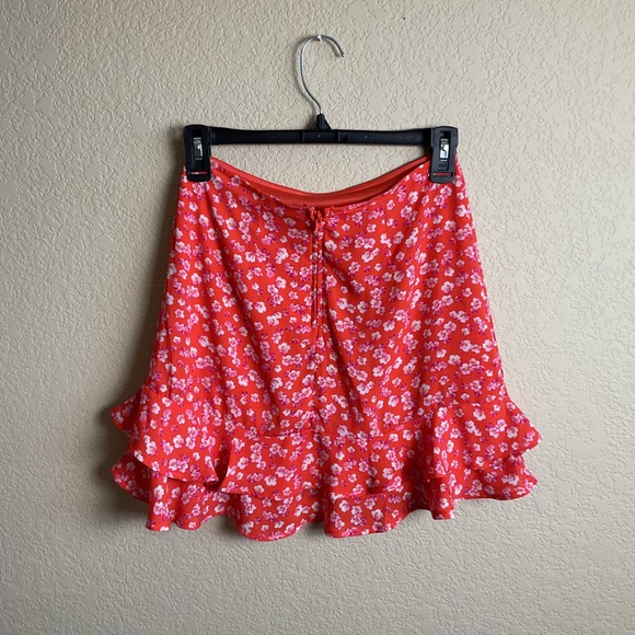 Blue Rain Womens XS Orange Floral Mini Skirt Boho Zip‎ Back Ruffles - Picture 4 of 8